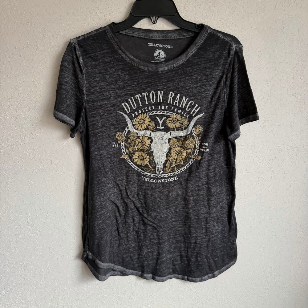 Yellowstone Floral Dutton Ranch Dark Gray Burnout Short Sleeve Tee Womens S